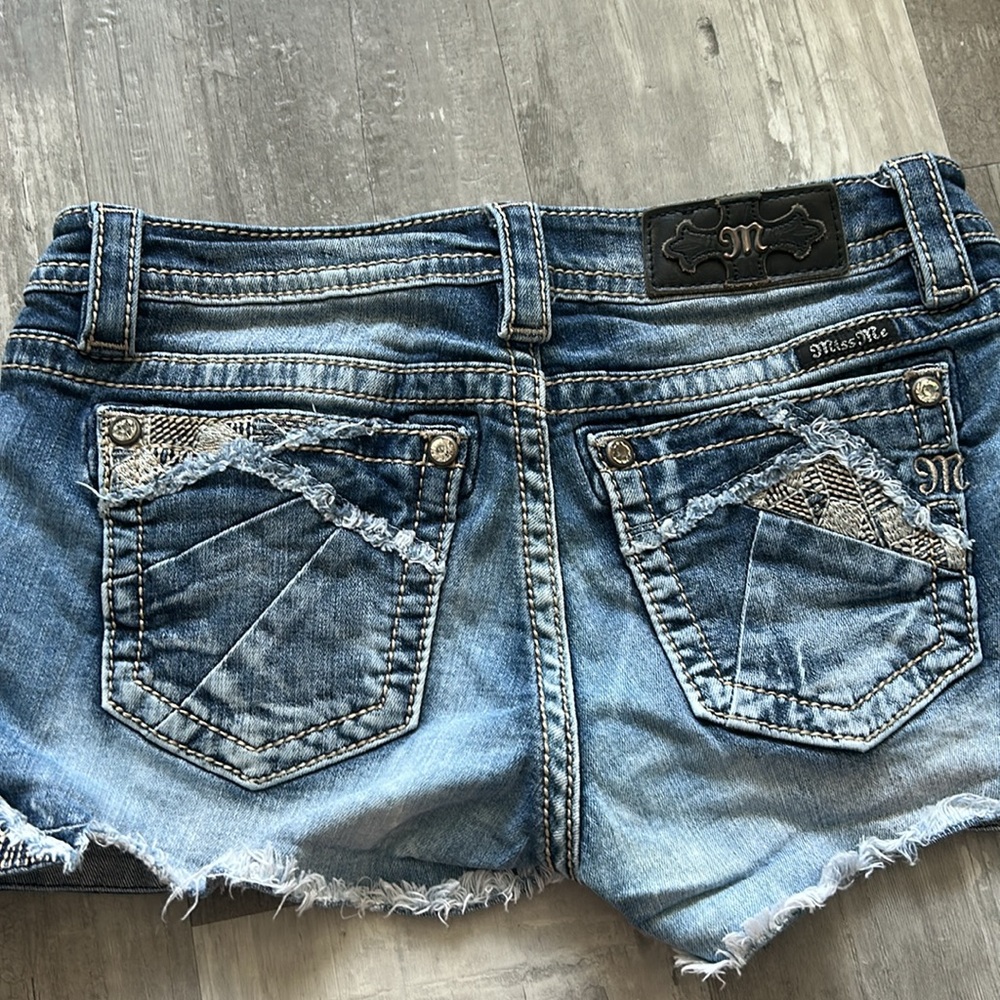 Miss Me Blue Denim Distressed Shorts with Snake Print Trim - Picture 11 of 13